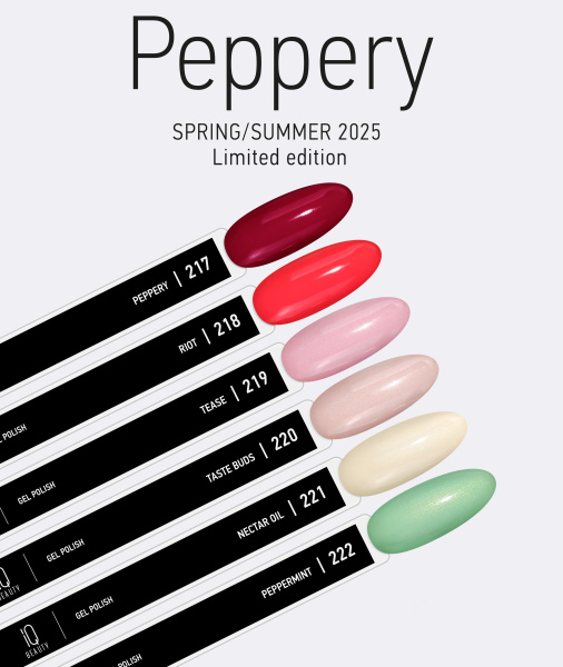 Палитра гель-лаков на типсах коллекция Peppery, тона 217-222